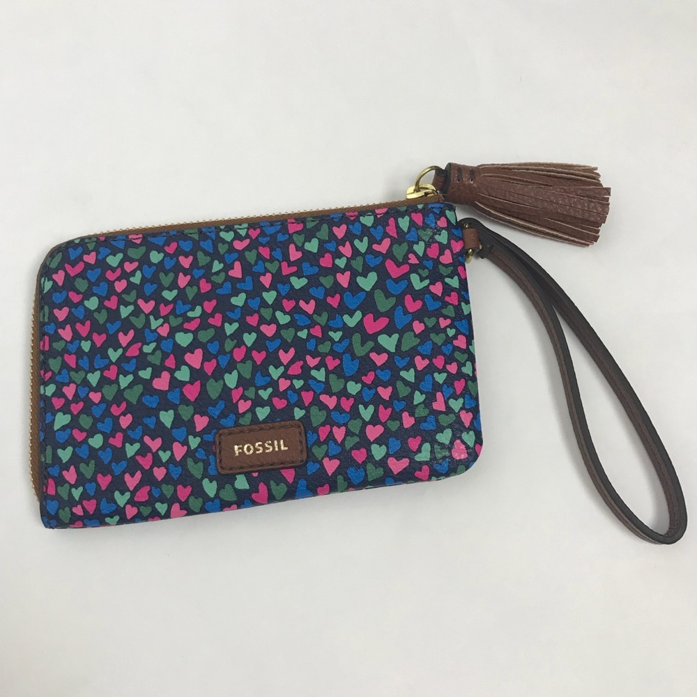 Fossil Tara wristlet wallet hearts tassel blue